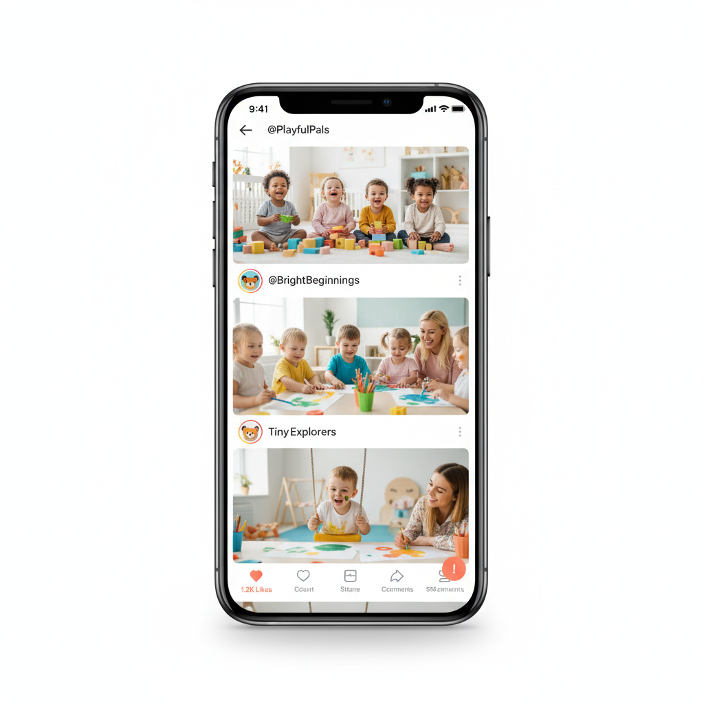 smartphone displaying social media feed of happy children in a nursery setting with colorful modern interface elements, isolated on clean background