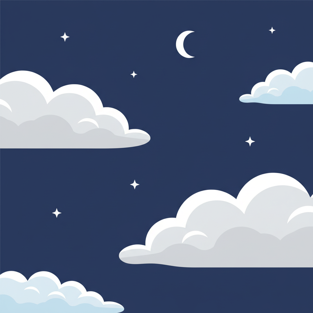 vector illustration of clouds shaped like pillows floating in the sky, cute style, dark blue background, flat design