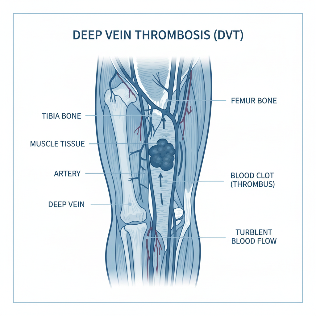 Diagram showing a deep vein thrombosis (blood clot) in the leg vein, labeled, medical educational style, blue tones