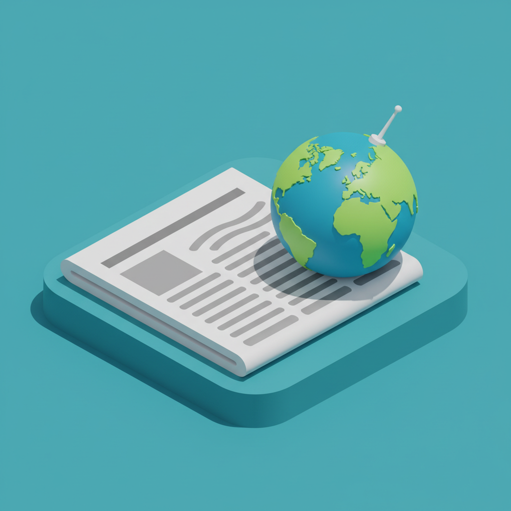 3D icon of a newspaper and a globe, isometric style, teal background