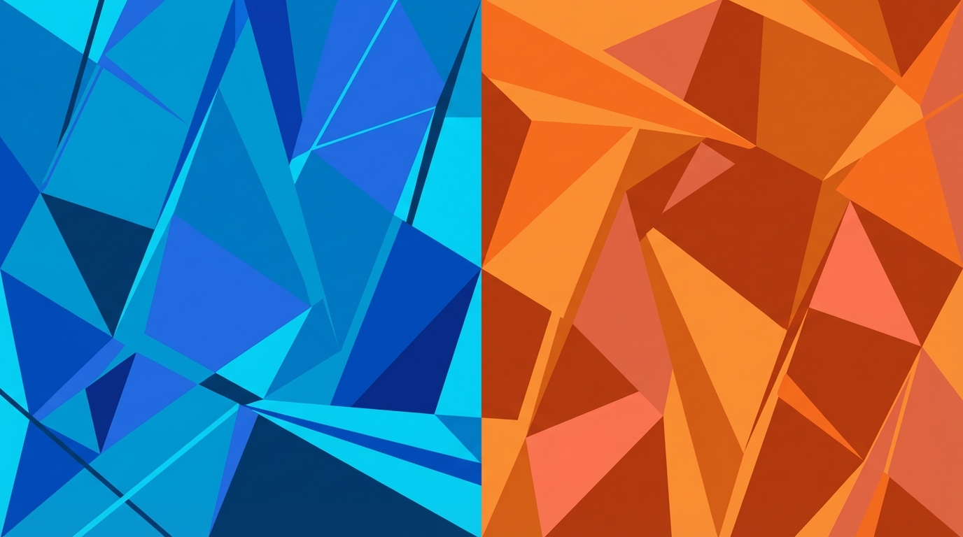 Abstract geometric background, split in two halves, contrasting colors blue and orange, modern vector art stile