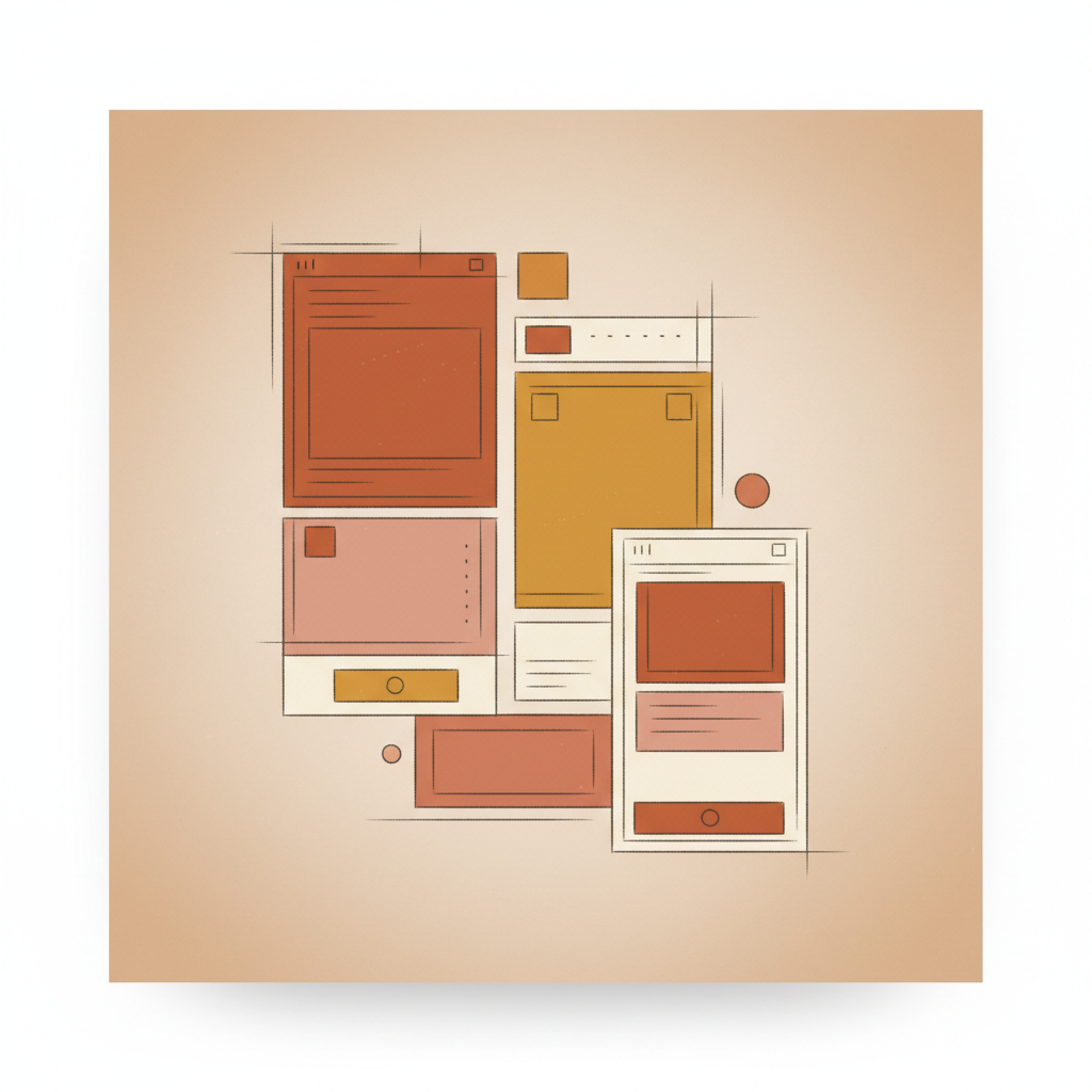 simple building blocks or sketch of a mobile app interface, minimalist, warm tones, product development concept