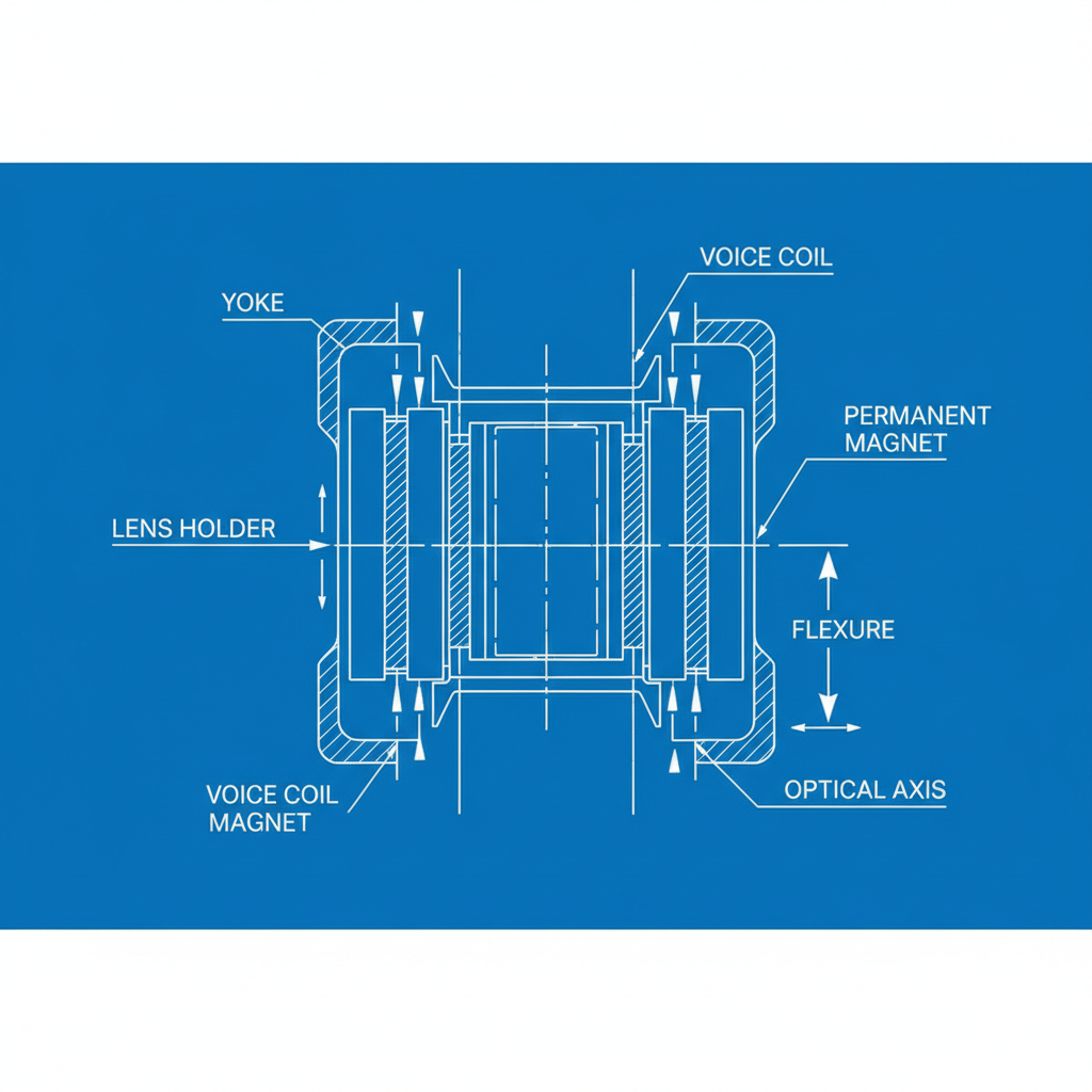 technical diagram cross section of Voice Coil Motor VCM lens actuator mechanism, engineering schematics, white lines on blueprint blue