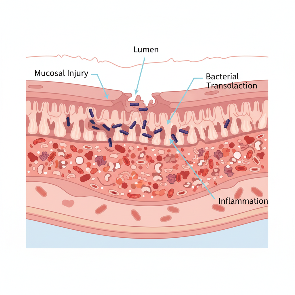Medical illustration showing the cross-section of a neonatal intestine wall, depicting mucosal injury, bacterial translocation, and inflammation, clean vector style
