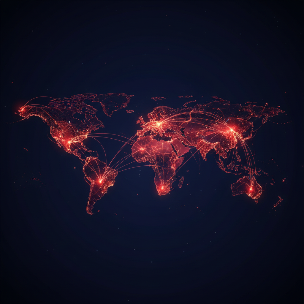 Global connection, abstract map or network nodes glowing in red on dark background