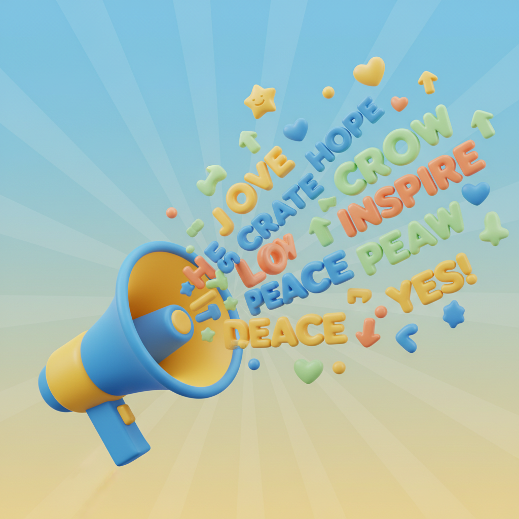 3D render of a megaphone shouting positive words, colorful, cartoon style, blue and yellow palette