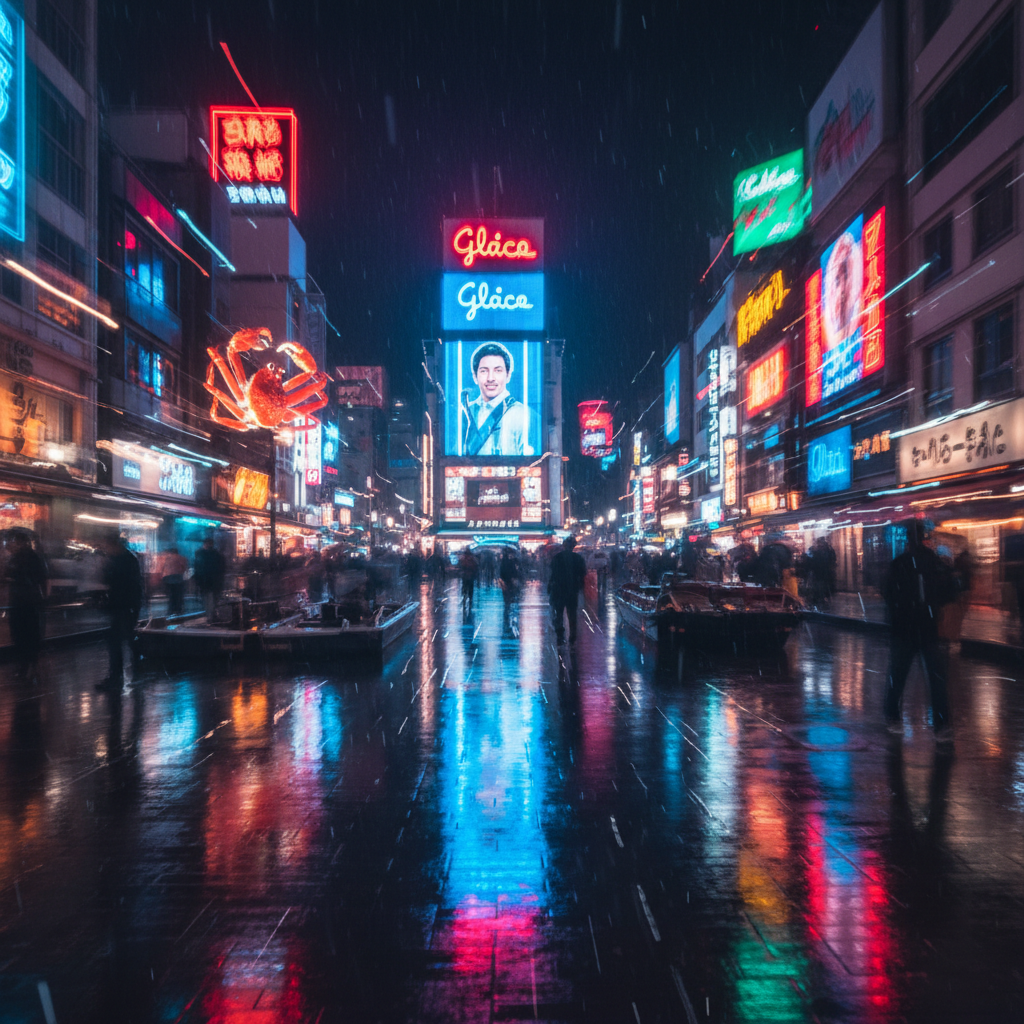 Artistic motion blur shot of bright neon lights in Dotonbori Osaka at night, cyberpunk vibes