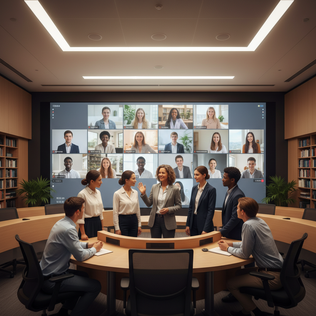 University professor guiding students in front of a large screen displaying international peers, warm lighting, educational setting