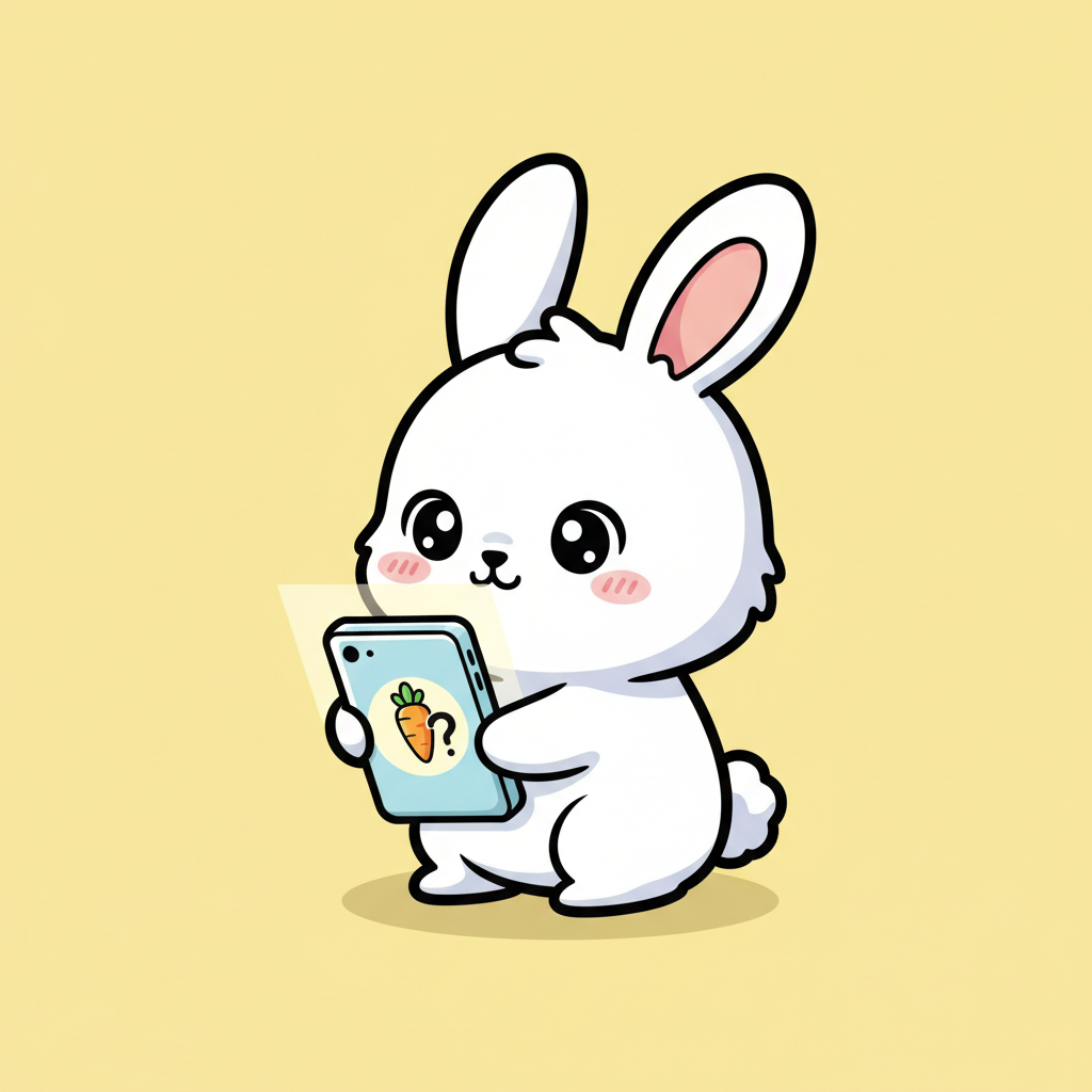 Cute kawaii cartoon white bunny rabbit holding a large smartphone, looking curious, pastel yellow background, vector illustration, sticker style