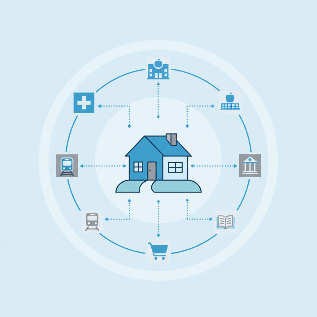flat vector illustration of a uk suburban house and community map, symbolizing access to services, blue and grey minimal style