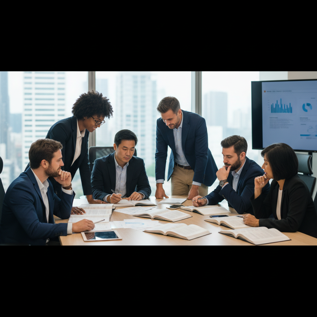 Diverse group of education professionals in a collaborative meeting, looking at documents, serious but positive atmosphere