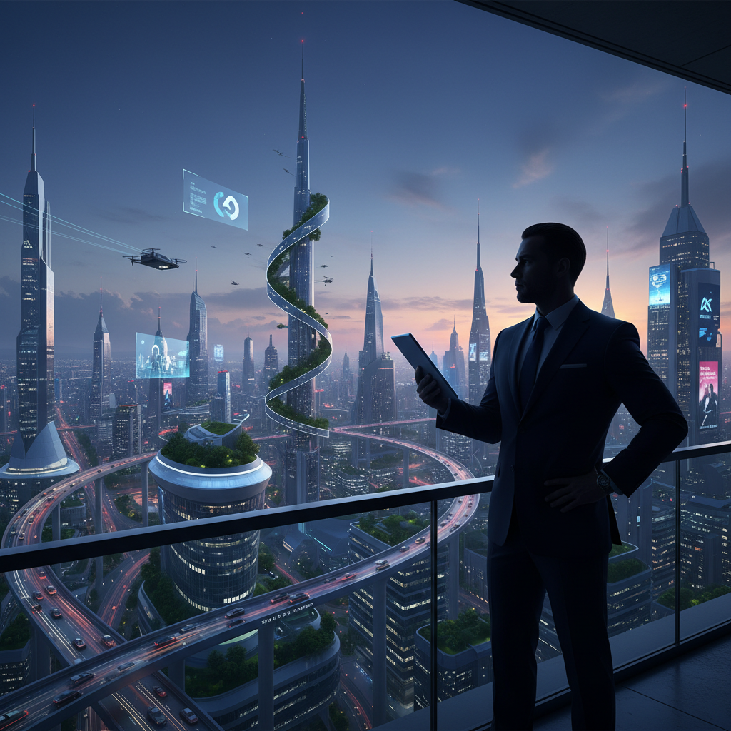 Professional business executive looking at a futuristic city skyline, confident silhouette, corporate photography style