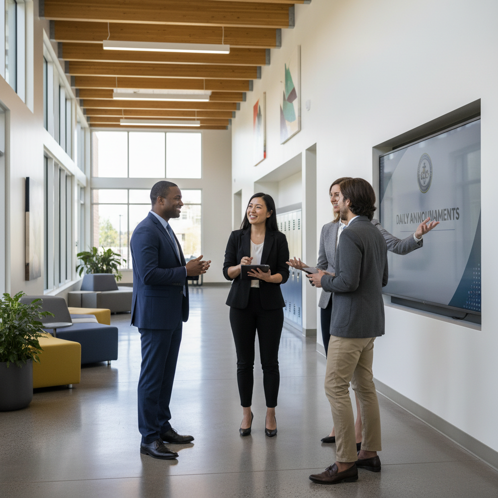 diverse high school administrators talking in a modern school hallway, professional photography, natural lighting