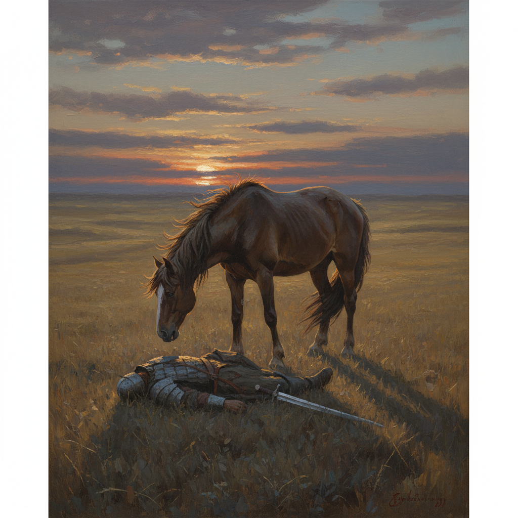 sad lonely horse standing over a fallen soldier in the steppe sunset melancholic painting