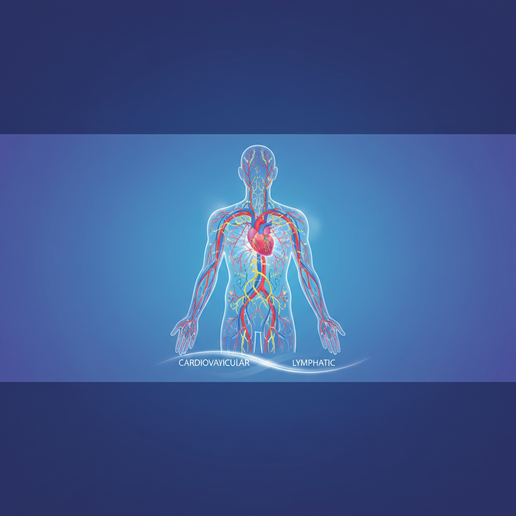 Conceptual medical illustration showing the unification of the Cardiovascular and Lymphatic systems in a human silhouette