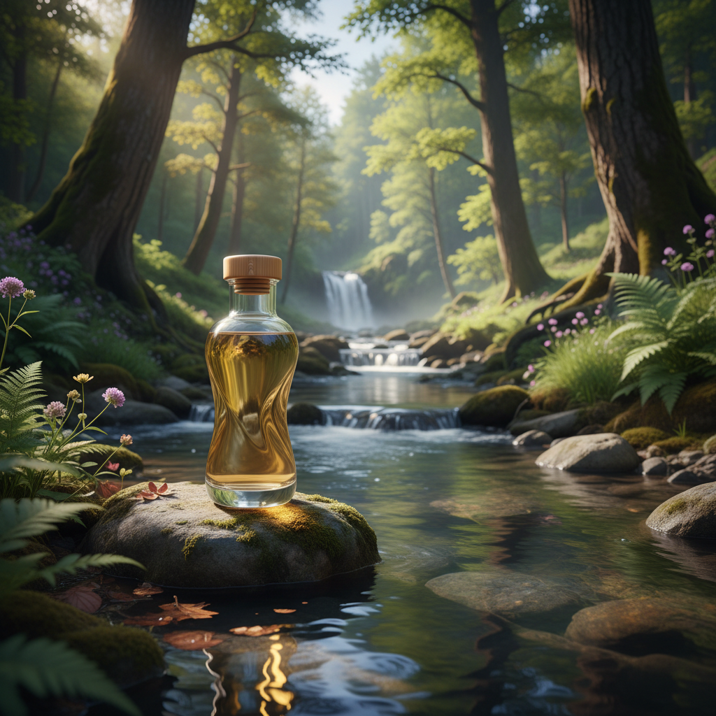 Cinematic shot of the bottle on a rock near a clear river, nature background, eco luxury vibes