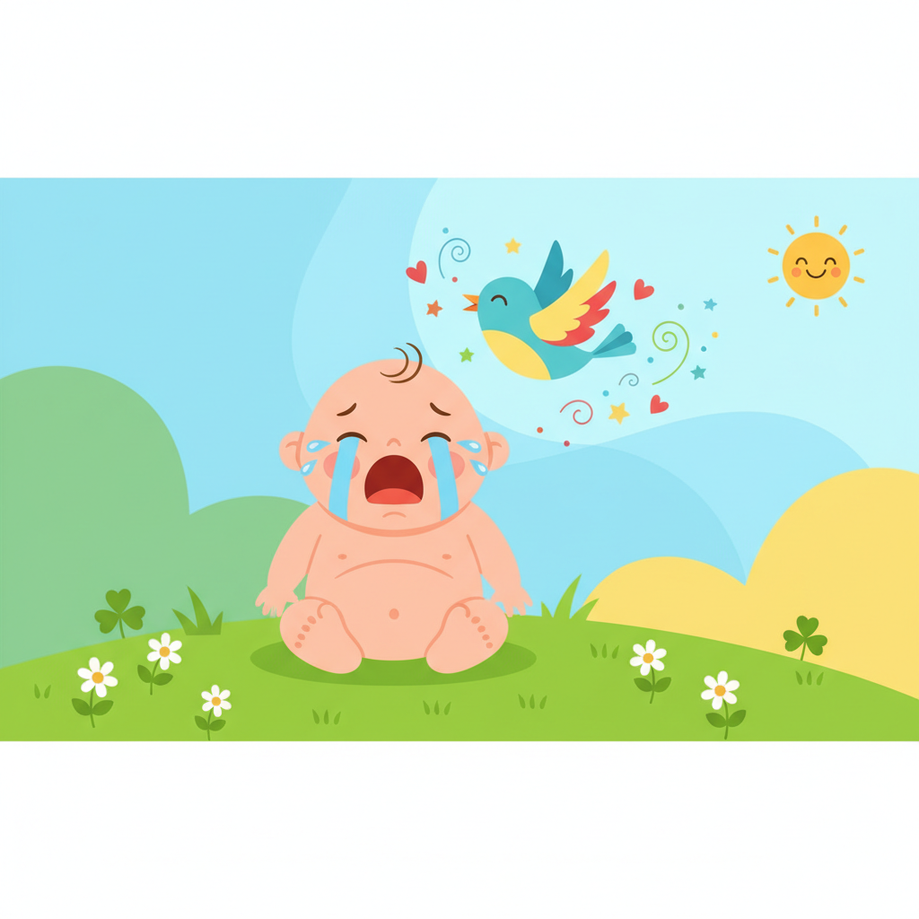 cute vector illustration of a baby crying and a bird flying, colorful flat style