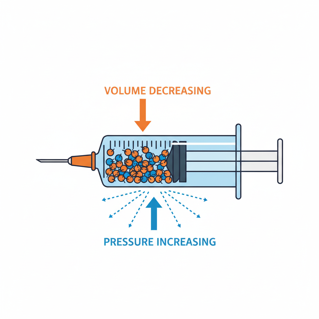 vector diagram of a syringe or piston showing gas particles being compressed, volume decreasing and pressure increasing, clean scientific style blue and orange