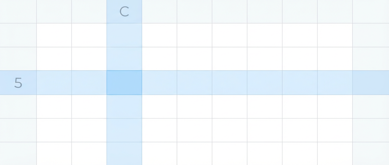 minimalist illustration of spreadsheet grid highlighting row number 5 and column C intersecting at a cell