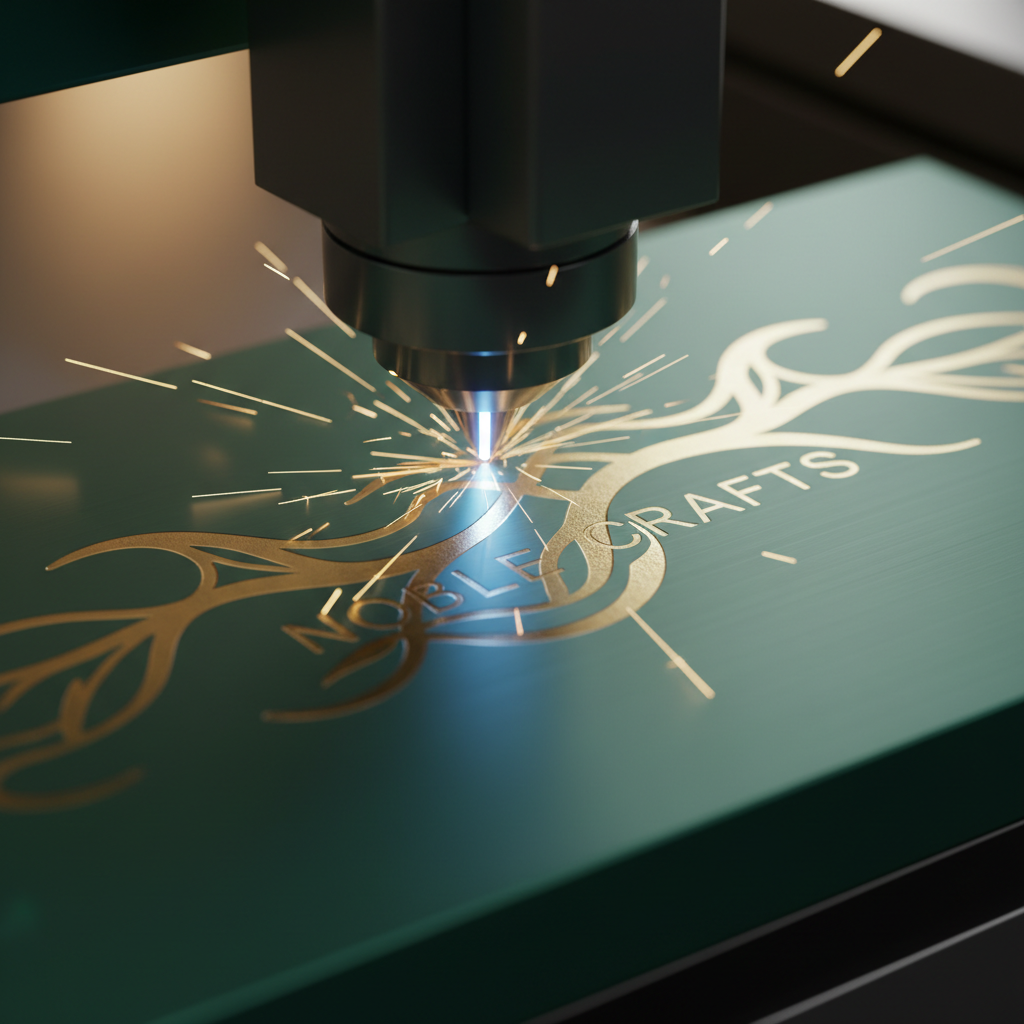Close up shot of a laser engraving on a matte green metal surface, golden sparks, precision manufacturing, macro photography, manufacturing luxury goods