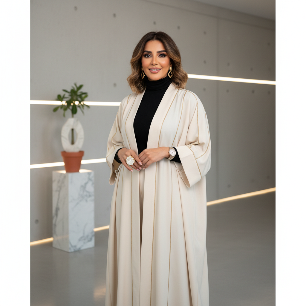 Professional portrait of a confident fashion-forward interior design business woman in UAE, modern minimalist background