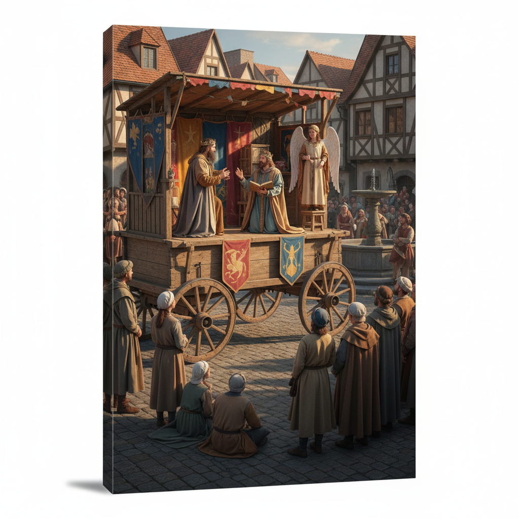 Medieval wagon stage in a town square with actors performing a biblical scene