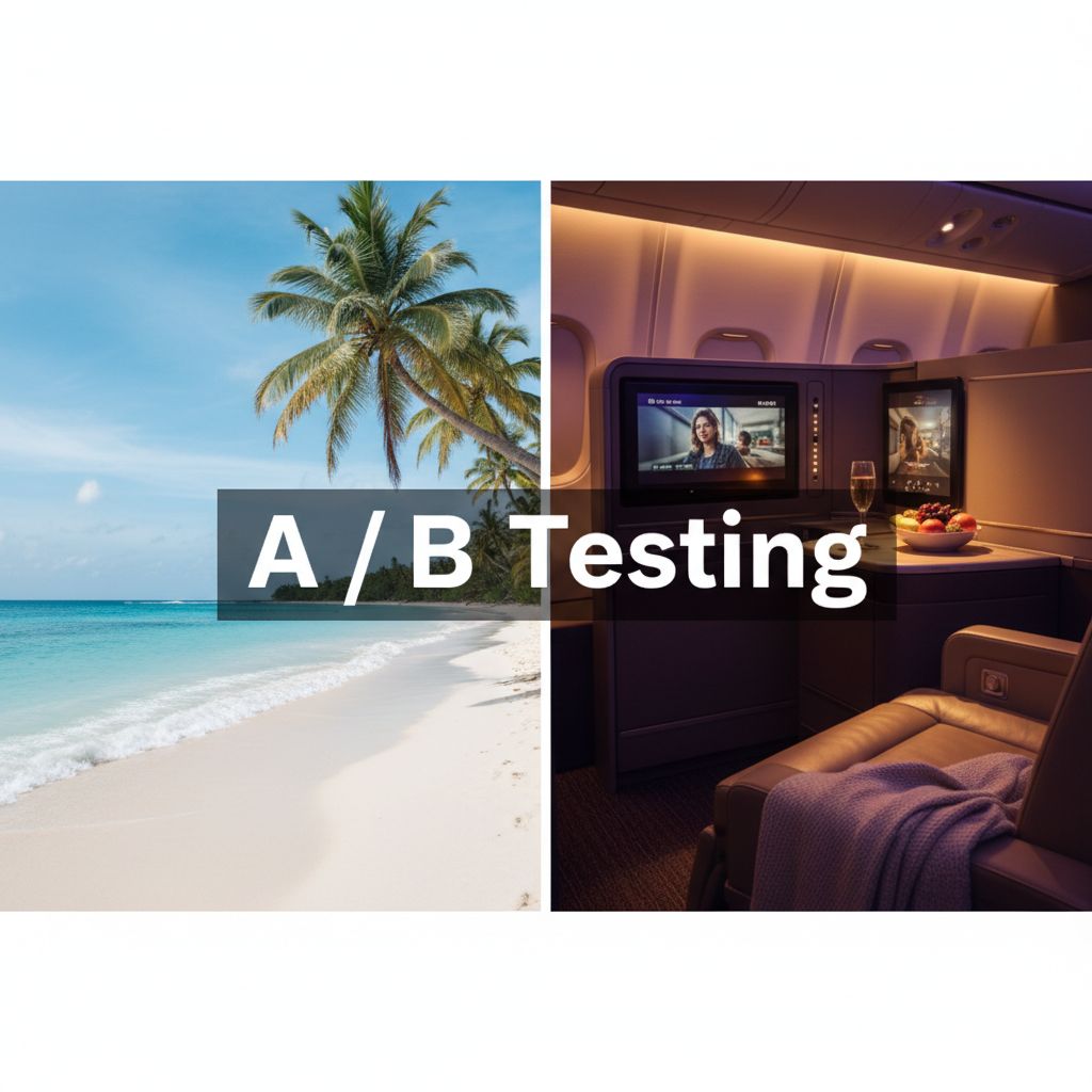 Split screen comparison of two digital ad creatives for an airline. Left side: generic beach. Right side: luxury first class seat. Text 'A / B Testing' overlay.