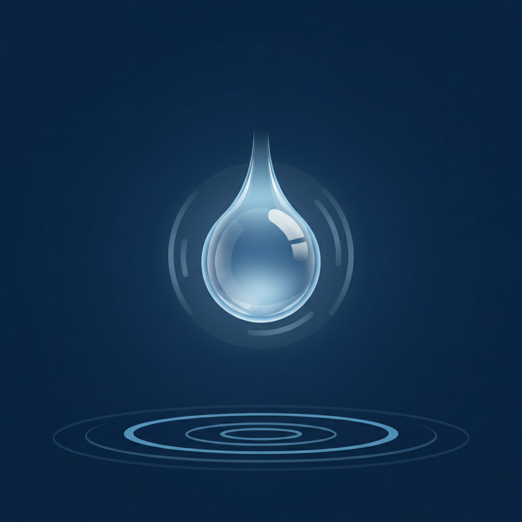 vector illustration showing a falling water drop retaining its spherical shape, simple physics concept, dark blue background