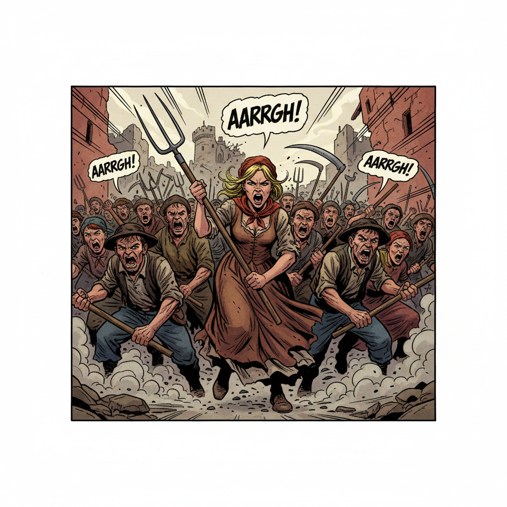 Satirical comic book style. Low angle view (contre-plongée) showing the power of the crowd. A furious mob of French peasants (Third Estate), led by the blonde peasant woman, holding farming tools (pitchforks, scythes). Dynamic movement towards the viewer. Angry expressions, mouths open shouting. Red and brown tones dominating.