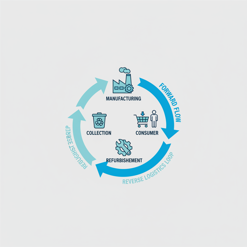 schematic diagram of circular supply chain, forward flow and reverse logistics loop, manufacturing to consumer to collection to refurbishment, flat vector style
