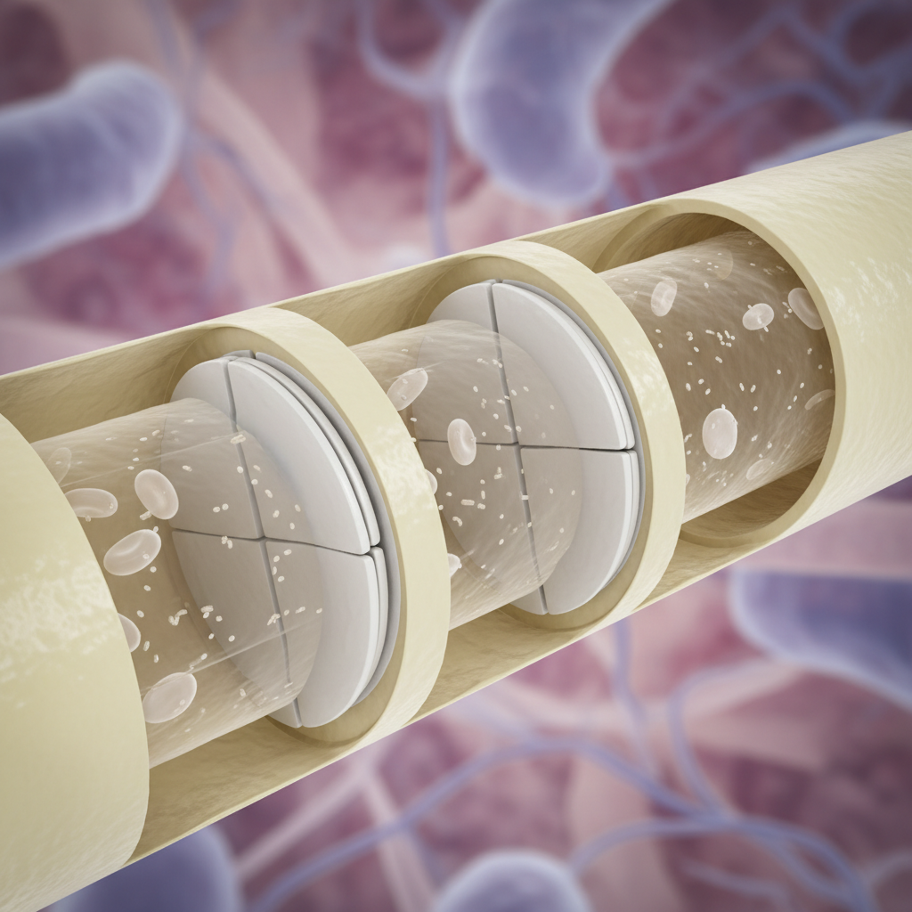 3D anatomical render of a lymph vessel cutaway showing internal valves preventing backflow, medical style