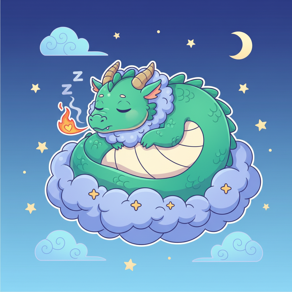Cartoon of a sleepy dragon breathing a little puff of fire
