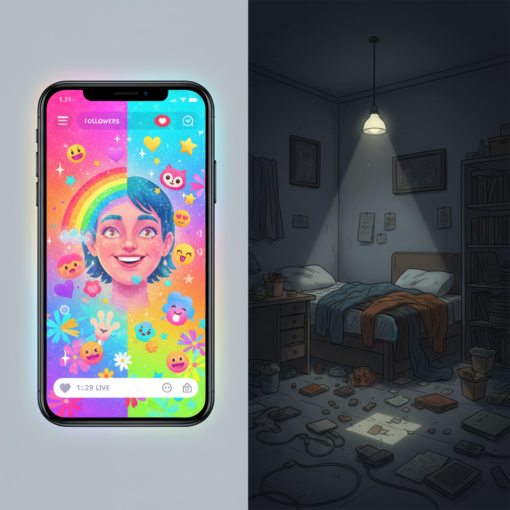 Split screen illustration: Left side shows a bright colorful phone screen with filters, Right side shows a messy dark room, conceptual contrast art