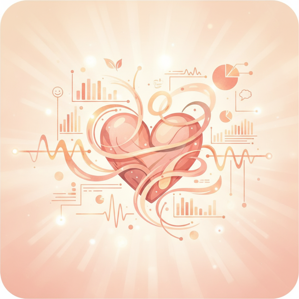 abstract illustration of a heart interconnected with data lines or charts, measuring wellbeing, soft warm style