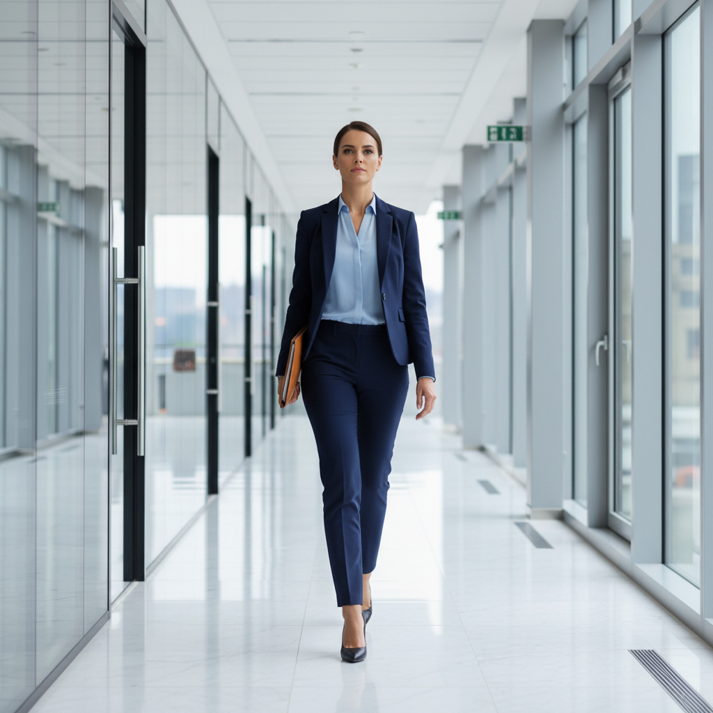 A confident professional walking down a bright office corridor, carrying a folder, looking forward, symbolic of career success and professionalism, realistic