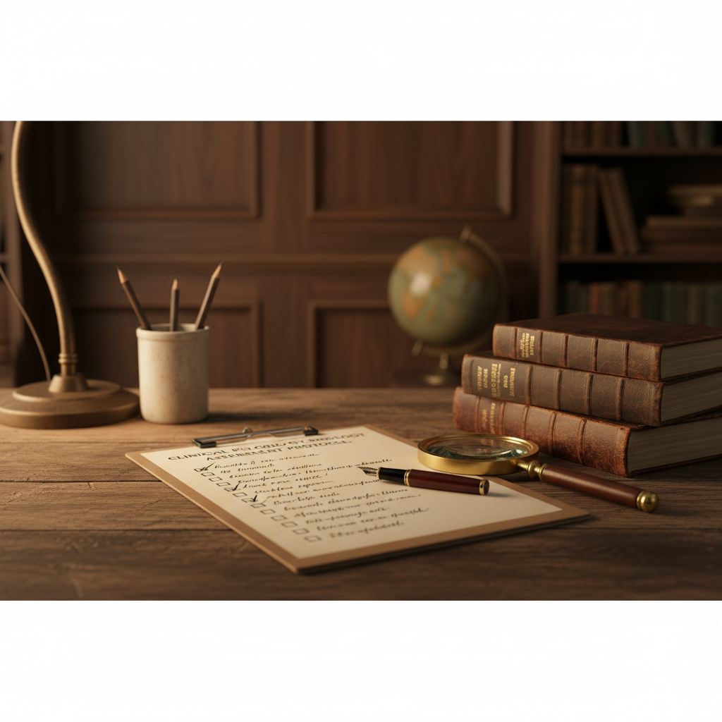 Clinical psychology assessment, checklist on a wooden desk, vintage academic atmosphere, warm lighting, brown tones