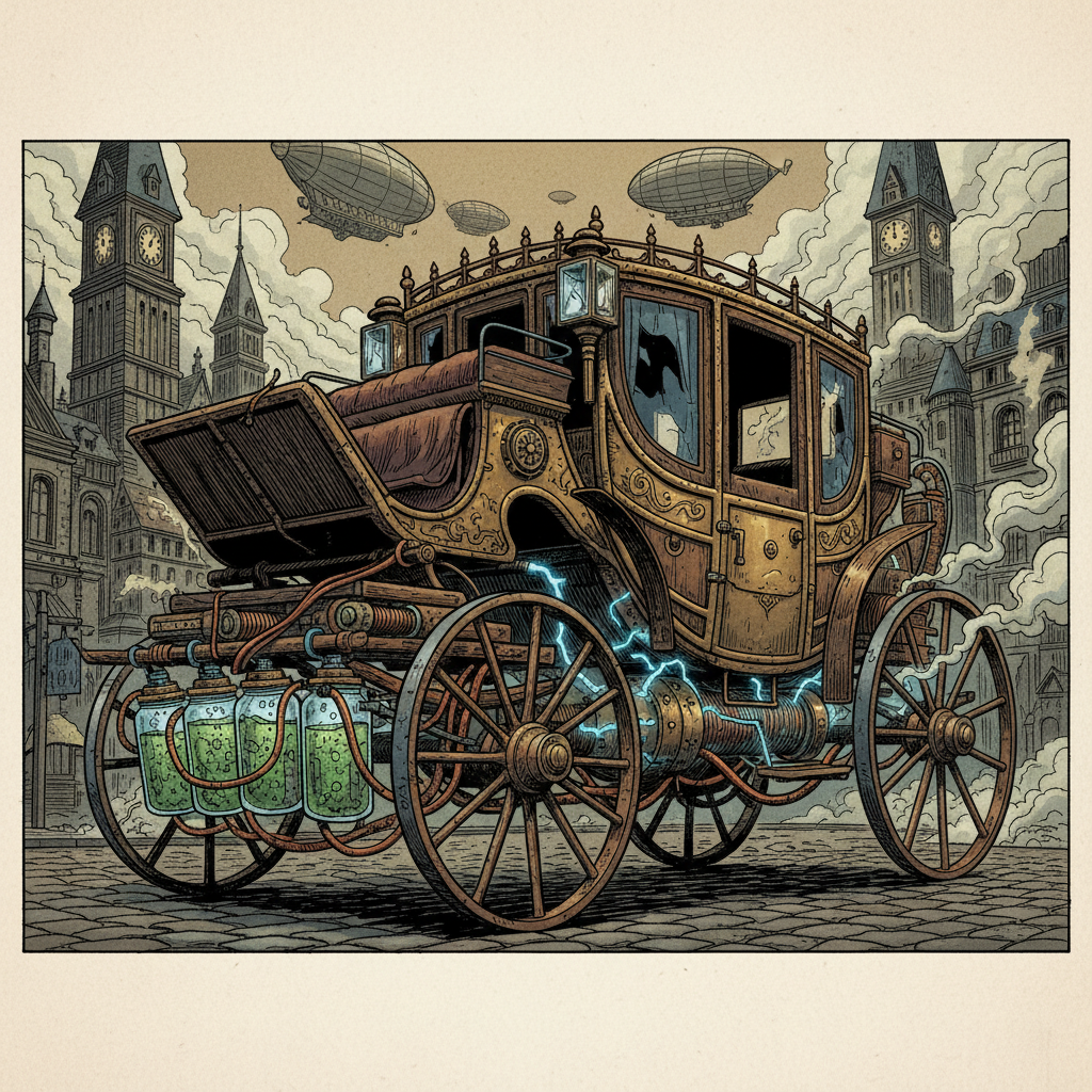 1830s carriage with electrical wires and crude battery cells visible underneath, steampunk aesthetic, comic book style, no horses attached