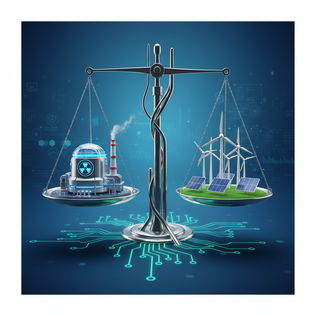 scales of justice balancing a small nuclear reactor against wind turbines and solar panels, 3d render, balanced composition