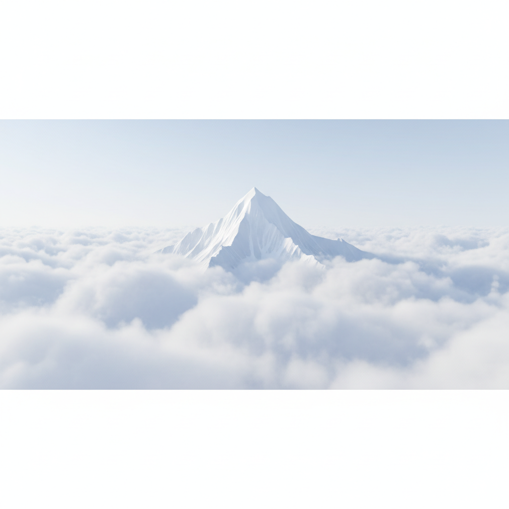 minimalist mountain peak reaching above clouds, symbolizing difficulty and success, bright white aesthetic
