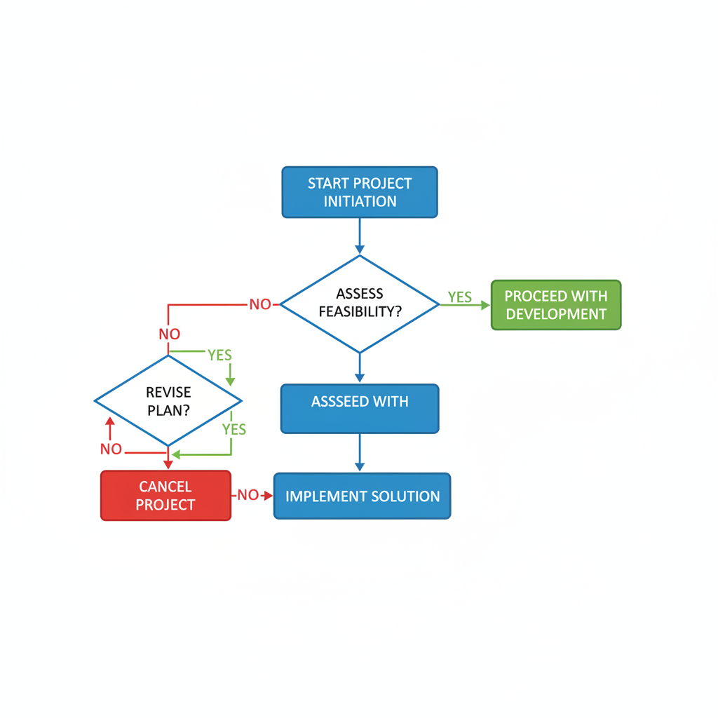 clean business flowchart diagram, white background, decision paths, arrows, yes no logic, sharp lines