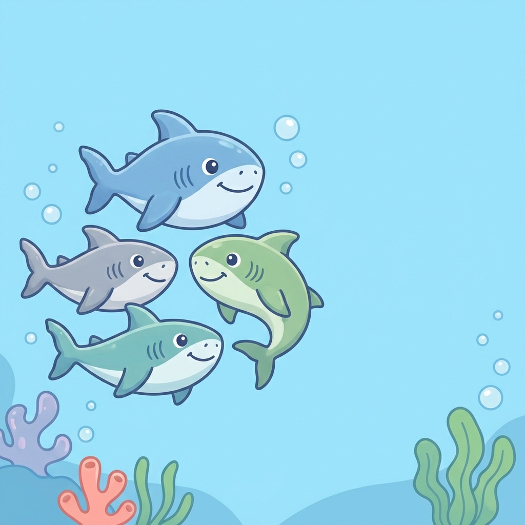 4 cute cartoon sharks swimming together on the left