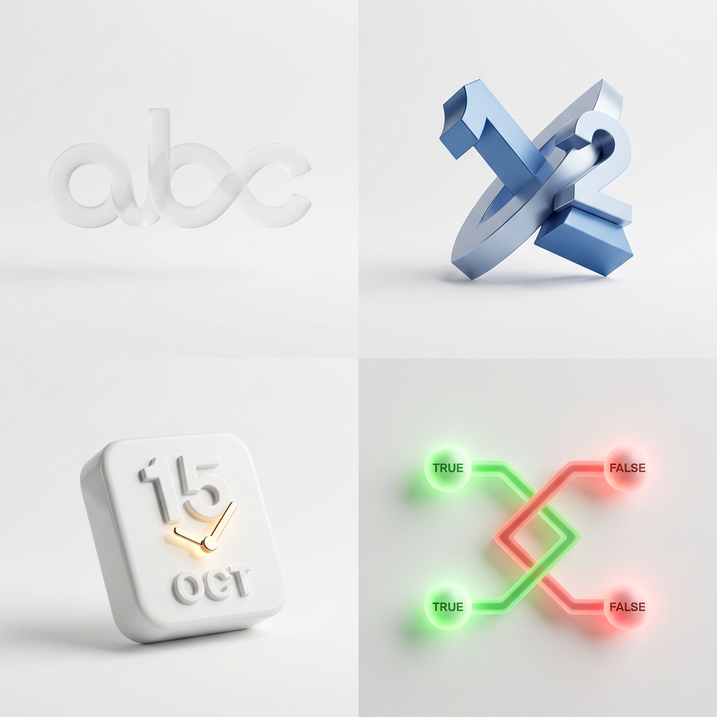 abstract 3d icons representing text, numbers, calendar date and boolean logic, clean white background