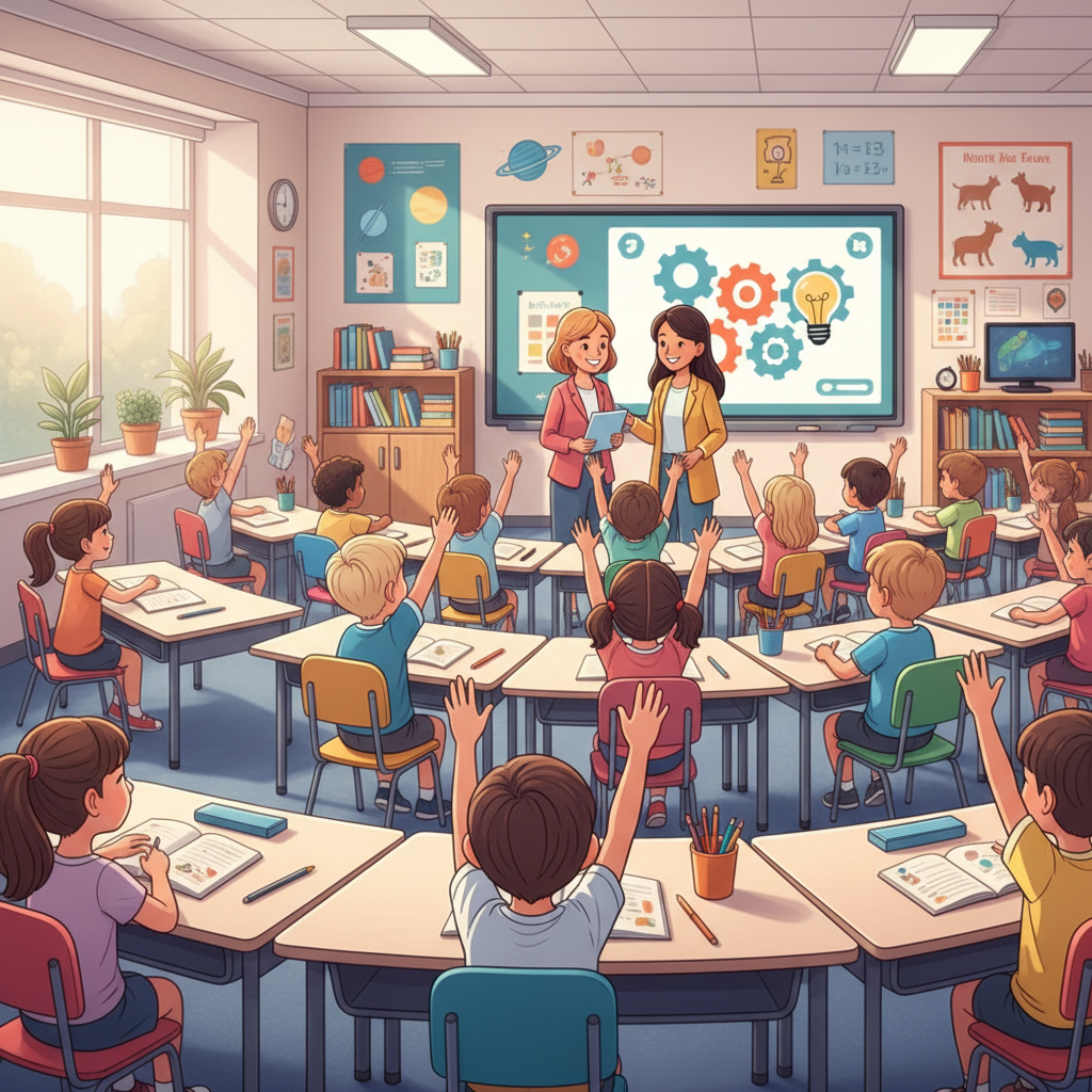 illustration of students raising hands in a classroom, happy learning environment