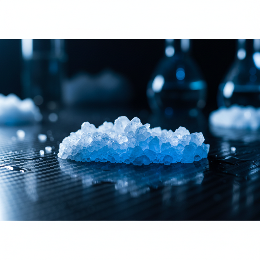 Cinematic macro shot of glowing blue and white salt crystals on a dark laboratory surface, shallow depth of field, scientific lighting, 8k resolution, photorealistic