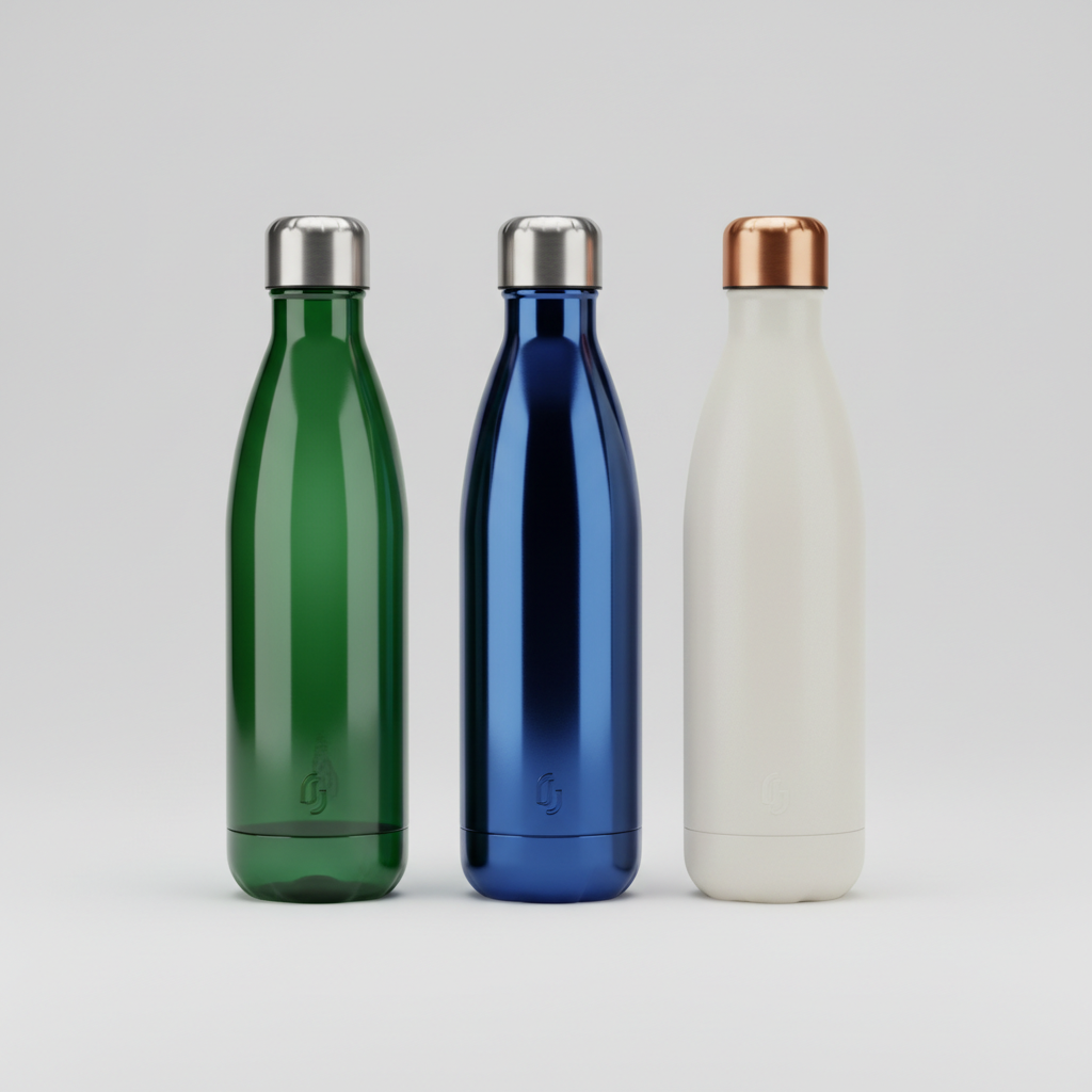 three luxury water bottles standing together, emerald green, midnight blue, ivory white, studio shot, plain background