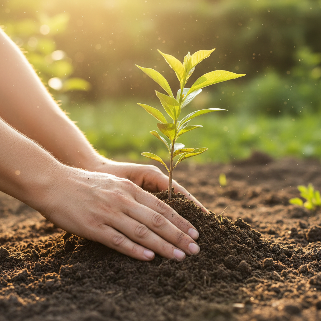 close up of hands planting a sapling in soil, warm sunlight