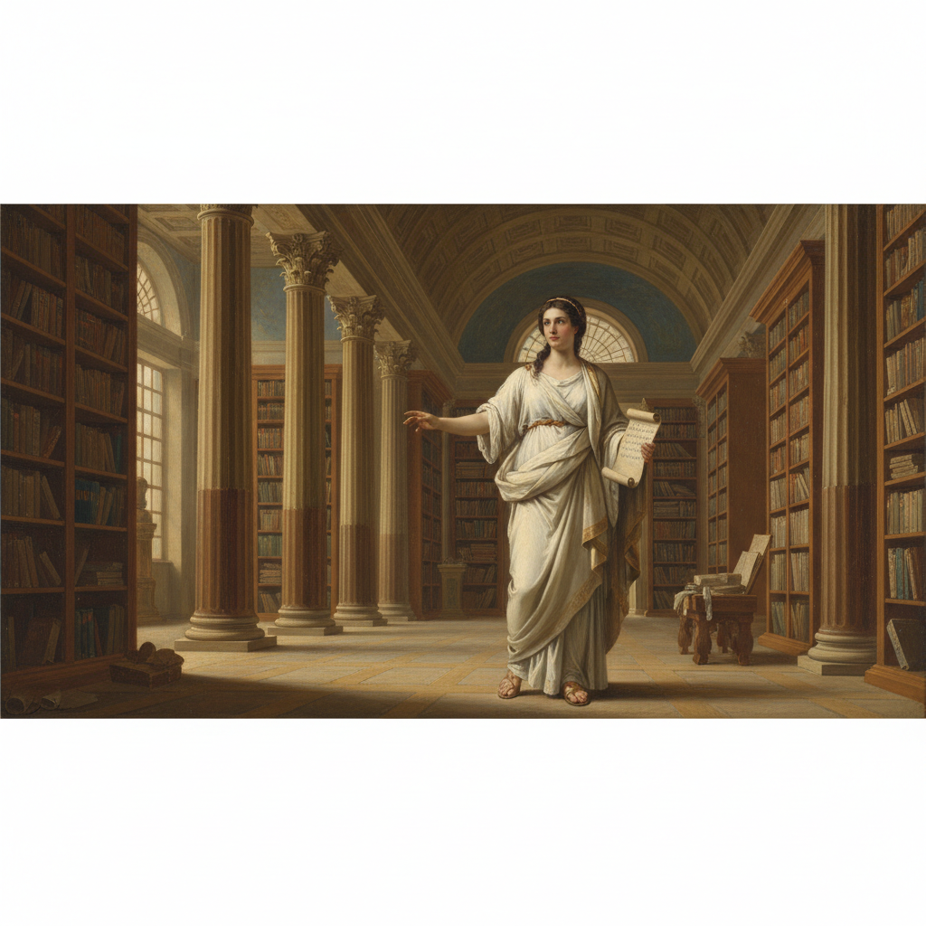 Classical oil painting of Hypatia of Alexandria standing in the Great Library, wearing white Greco-Roman robes, holding a scroll, soft sunlight filtering through columns