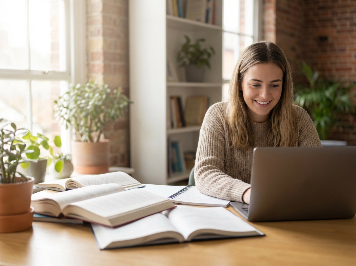 Young student studying happily at a desk with books, natural light, feeling focused and clear minded