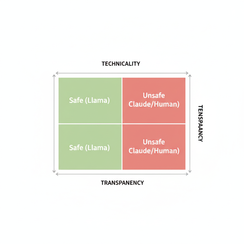 2x2 decision matrix diagram flowchart style. Axis 1: Transparency. Axis 2: Technicality. Green quadrant: Safe (Llama). Red quadrant: Unsafe (Needs Claude/Human). Clean professional vector style.