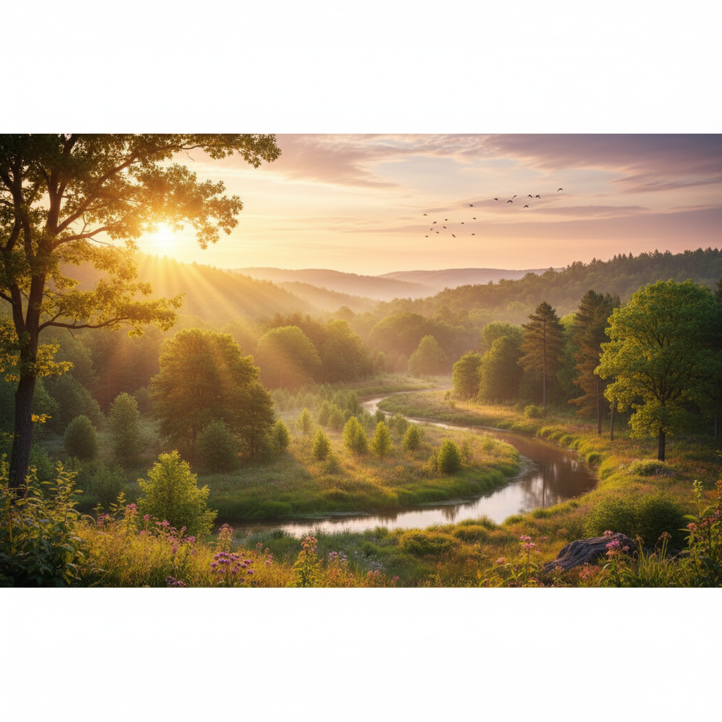 sunrise over a green forest, hopeful atmosphere, nature restoration, cinematic lighting, high quality